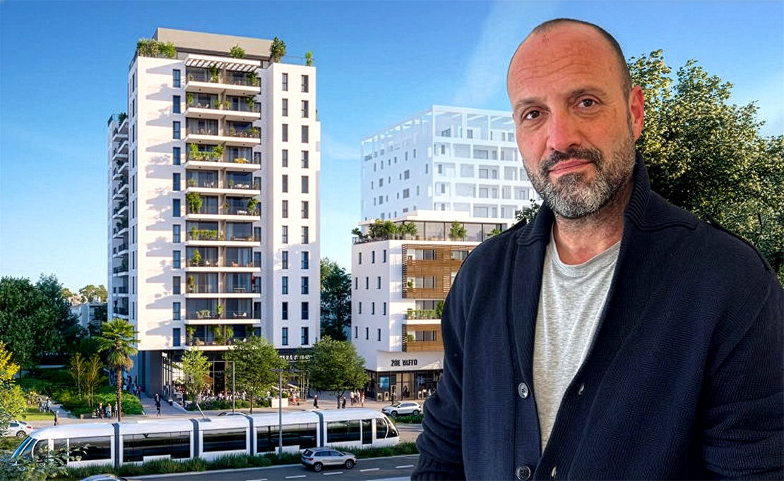 שחר פירסט, מנהל אגף פיתוח עסקי ותחום נדל״ן בהייטקזון, על רקע הדמיה של הפרויקט בשדרות ירושלים (יח"צ)